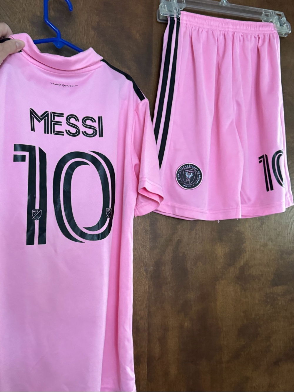 Inter Miami Pink Soccer Jersey with XBTO Chest Logo and shorts.